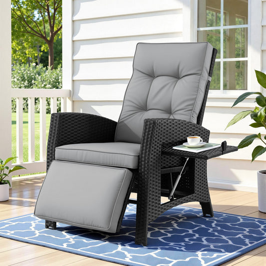 Outdoor Recliner Chair – Adjustable Wicker Lounger, Black