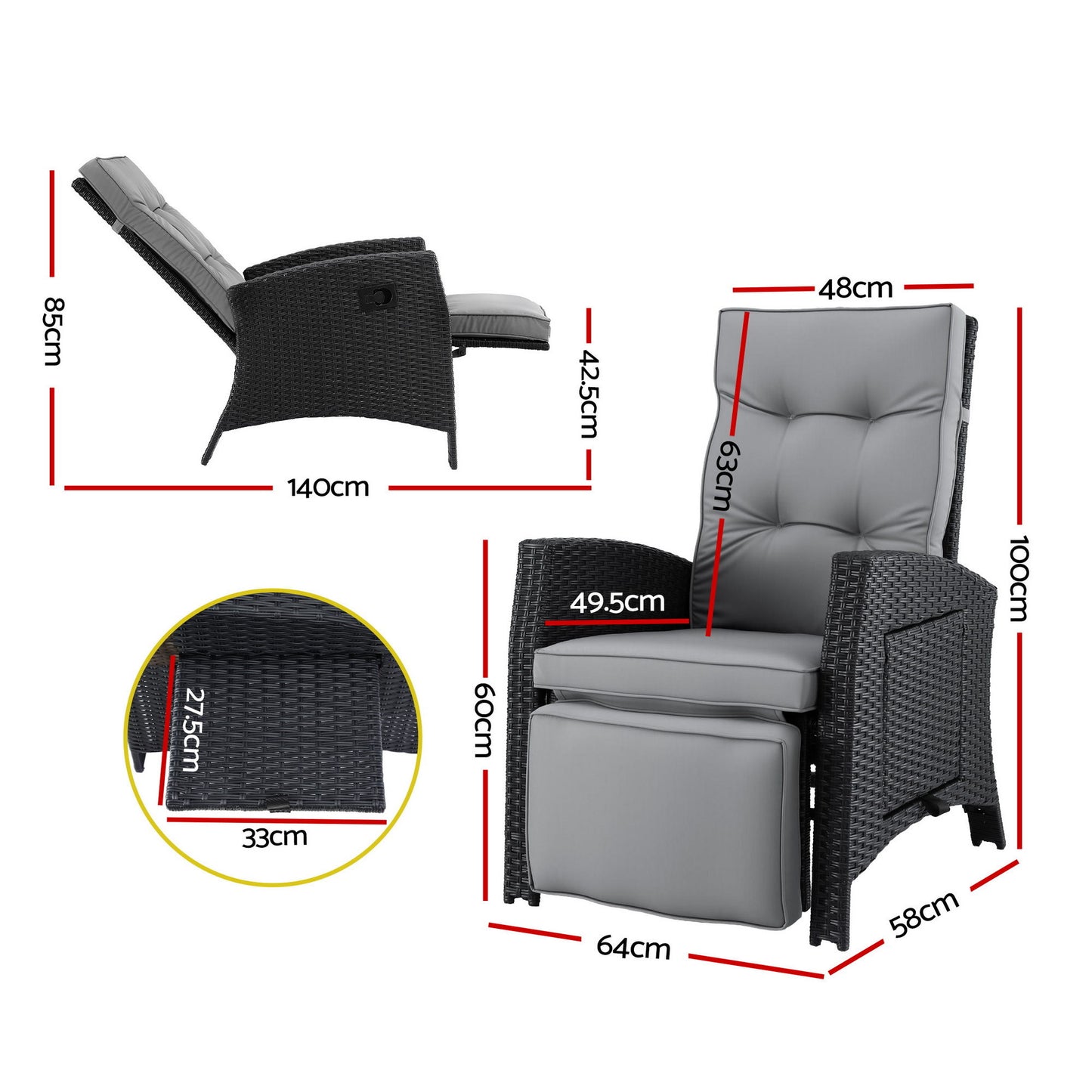 Outdoor Recliner Chair – Adjustable Wicker Lounger, Black