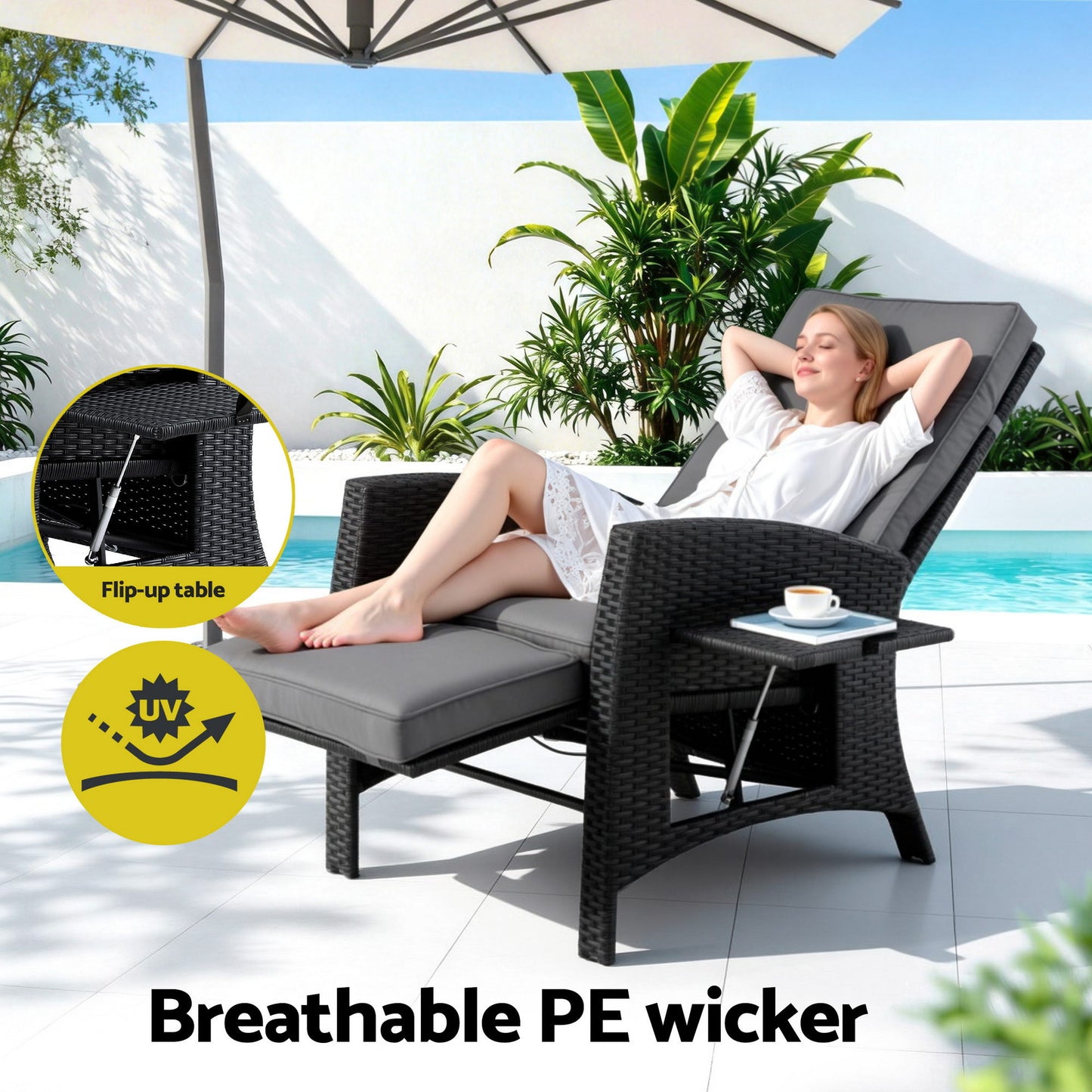 Outdoor Recliner Chair – Adjustable Wicker Lounger, Black