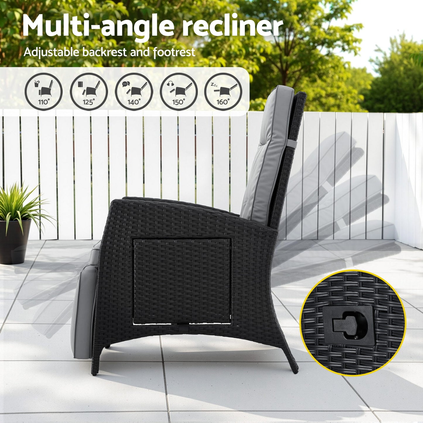Outdoor Recliner Chair – Adjustable Wicker Lounger, Black
