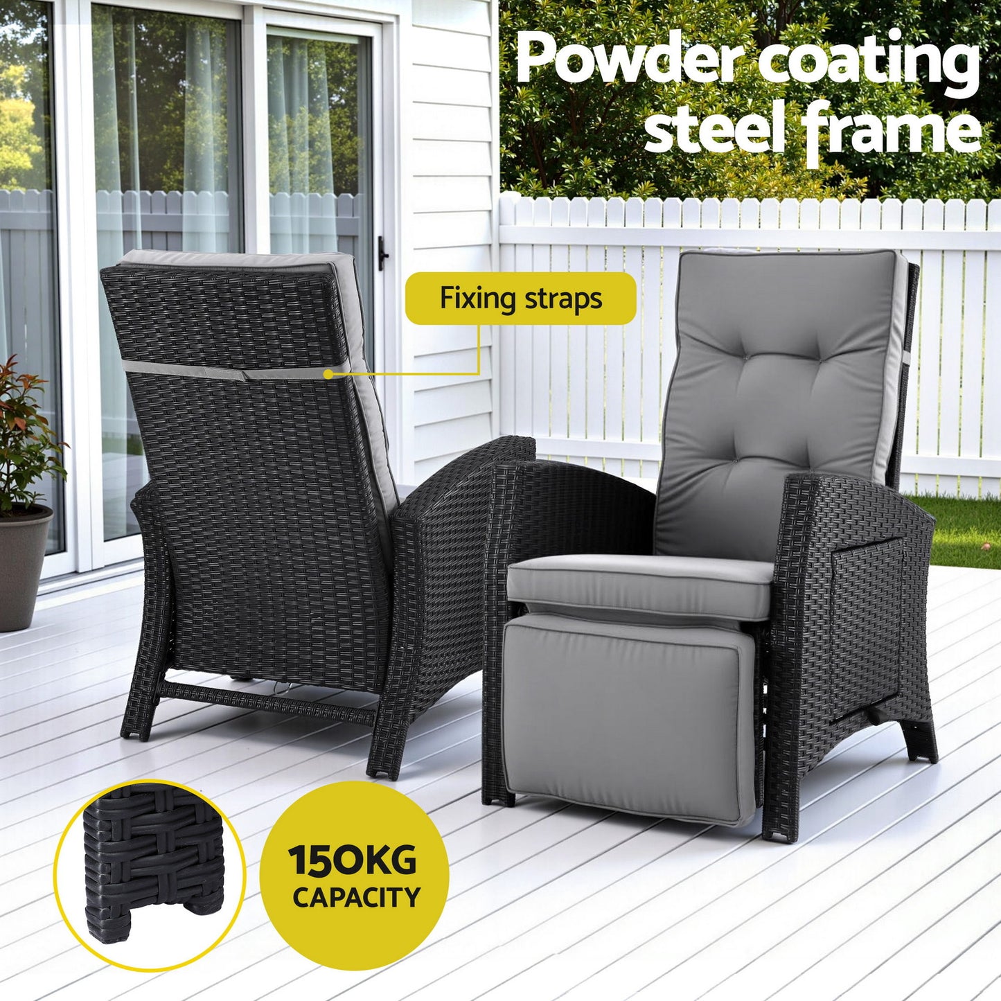 Outdoor Recliner Chair – Adjustable Wicker Lounger, Black