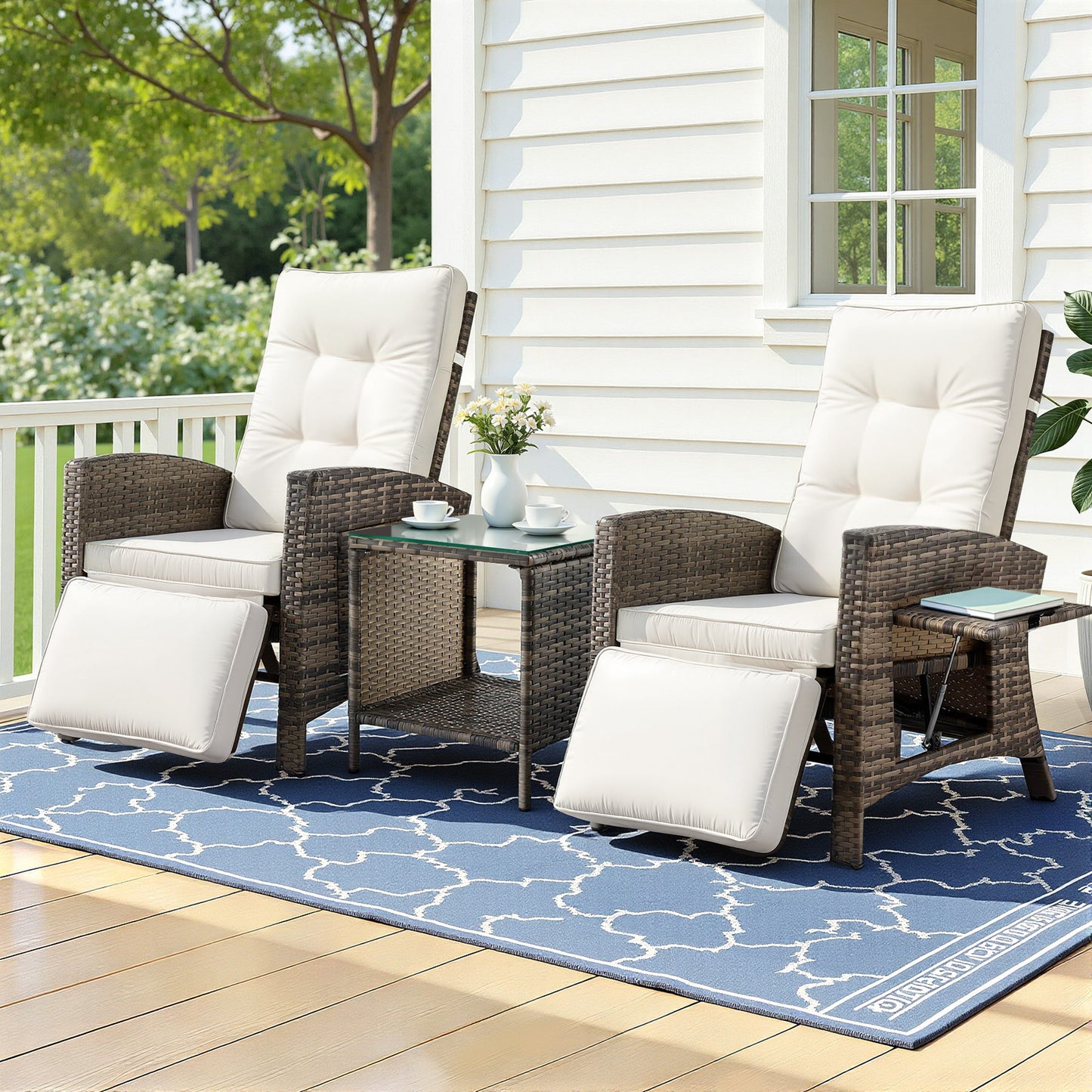 Outdoor 3-Piece Bistro Set – Adjustable Recliner Chairs with Wicker Table, Brown