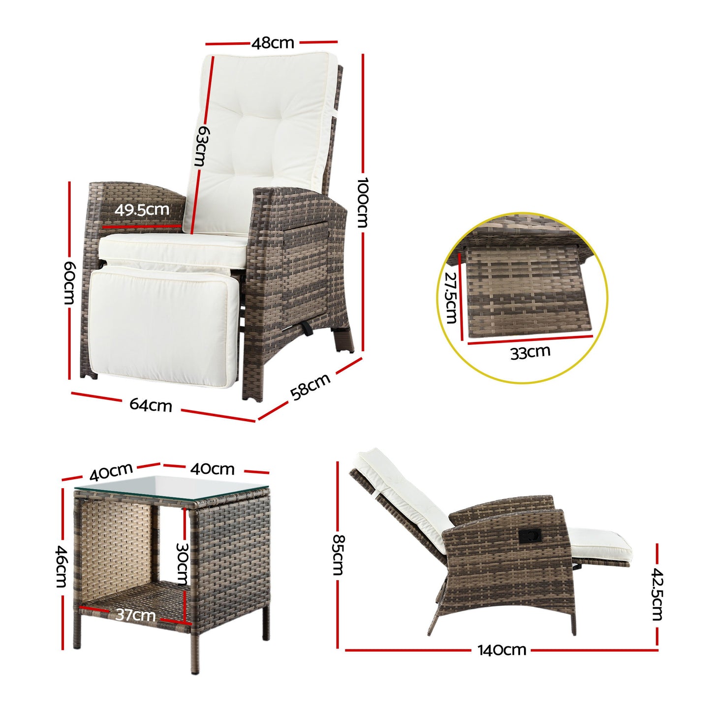 Outdoor 3-Piece Bistro Set – Adjustable Recliner Chairs with Wicker Table, Brown