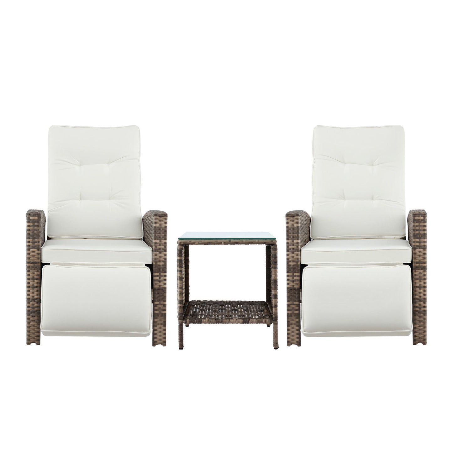 Outdoor 3-Piece Bistro Set – Adjustable Recliner Chairs with Wicker Table, Brown