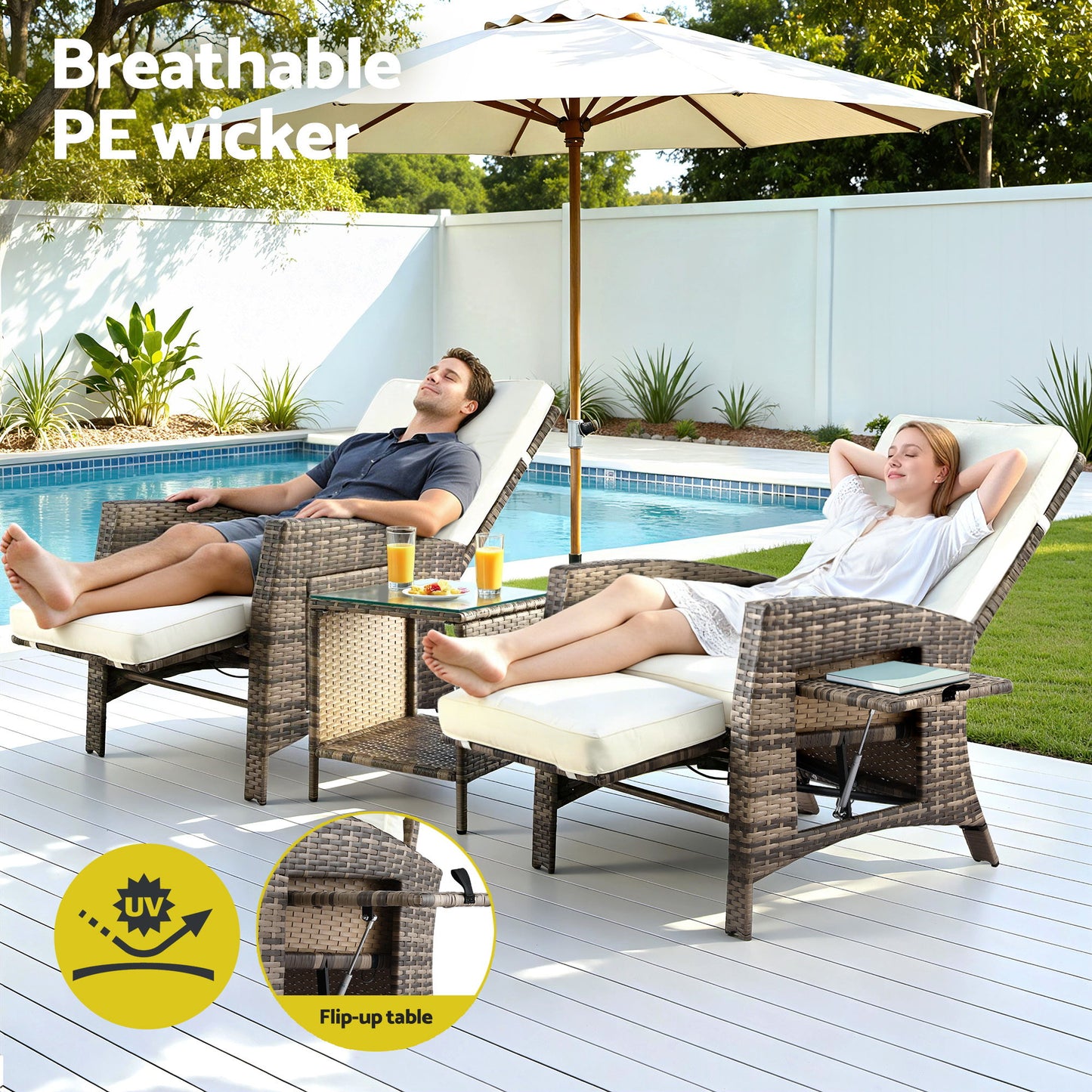 Outdoor 3-Piece Bistro Set – Adjustable Recliner Chairs with Wicker Table, Brown