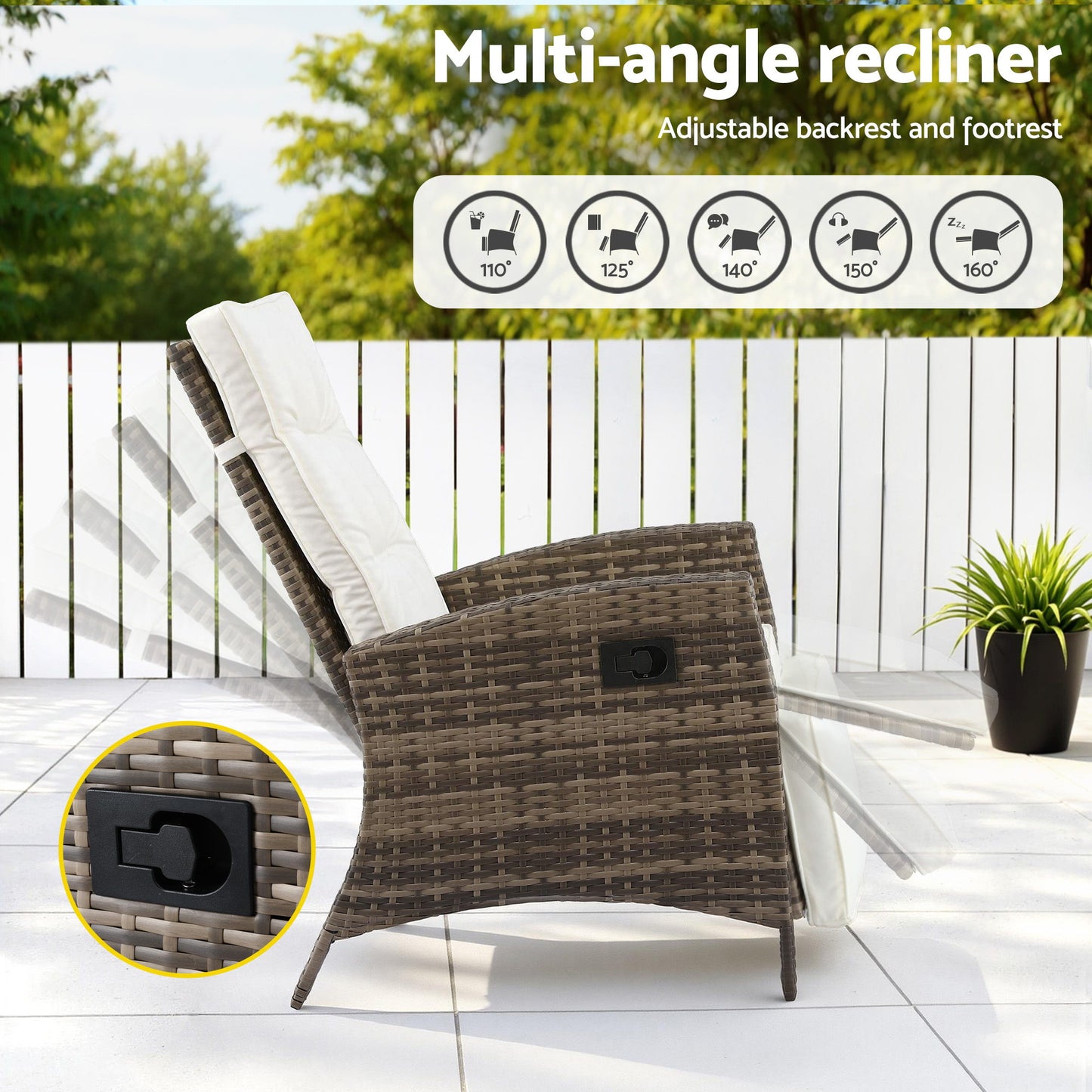 Outdoor 3-Piece Bistro Set – Adjustable Recliner Chairs with Wicker Table, Brown