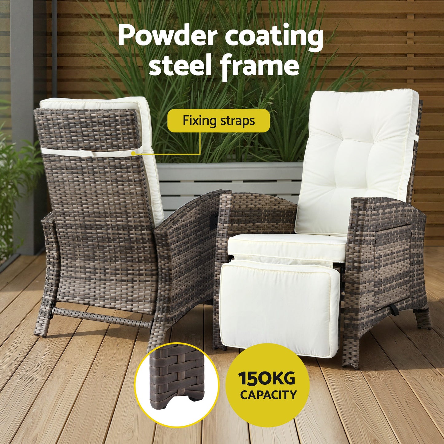 Outdoor 3-Piece Bistro Set – Adjustable Recliner Chairs with Wicker Table, Brown