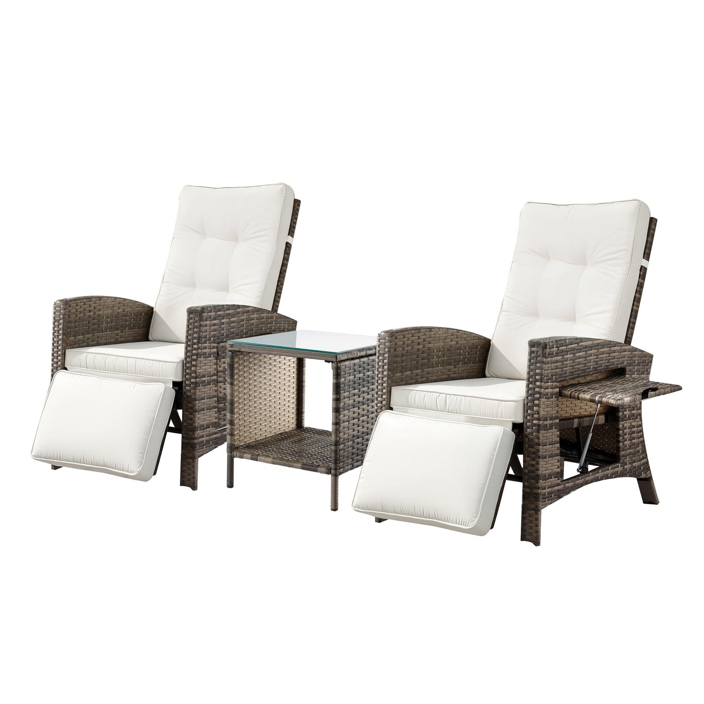 Outdoor 3-Piece Bistro Set – Adjustable Recliner Chairs with Wicker Table, Brown