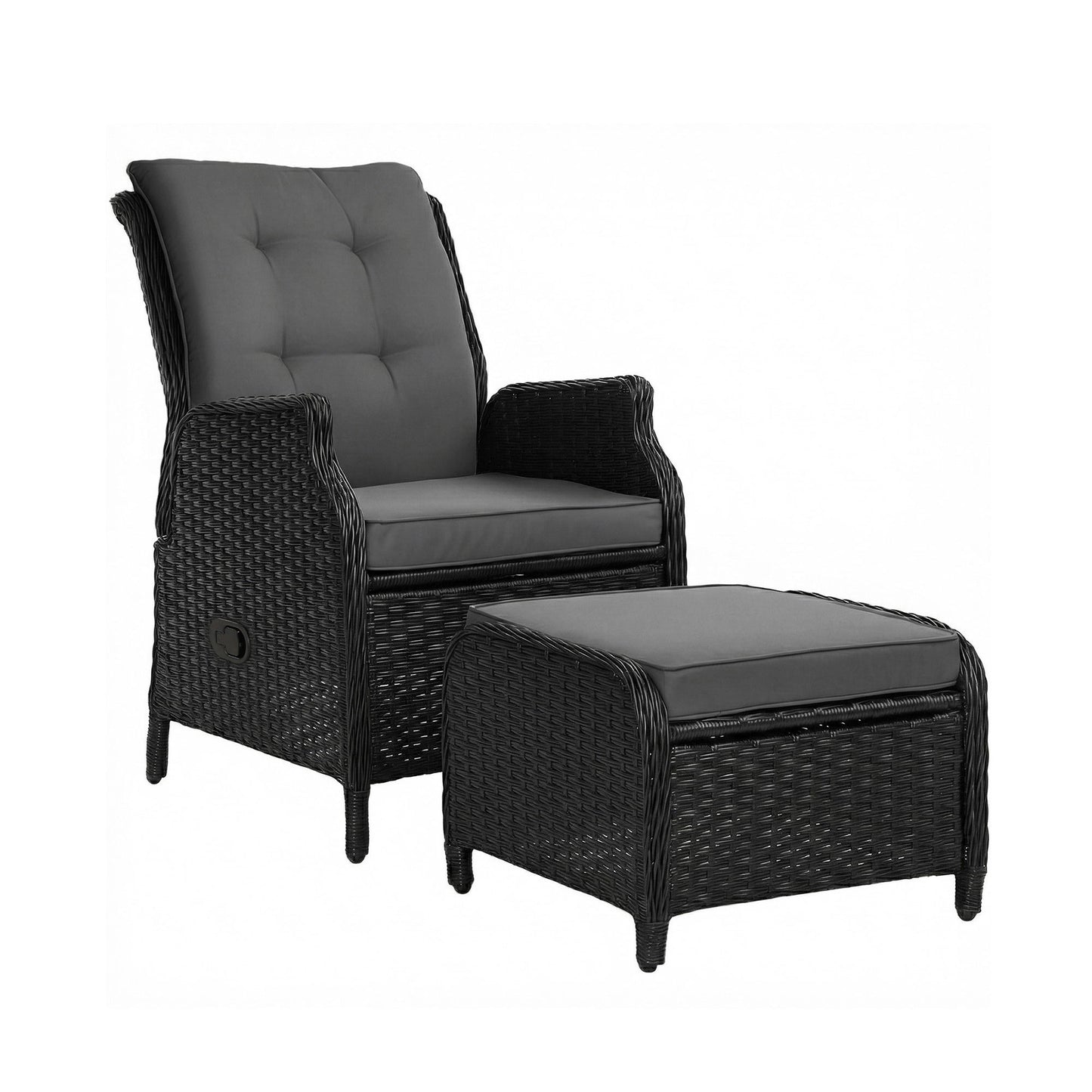 Gardeon black wicker outdoor recliner chair with matching ottoman, adjustable outdoor furniture for relaxing outdoors