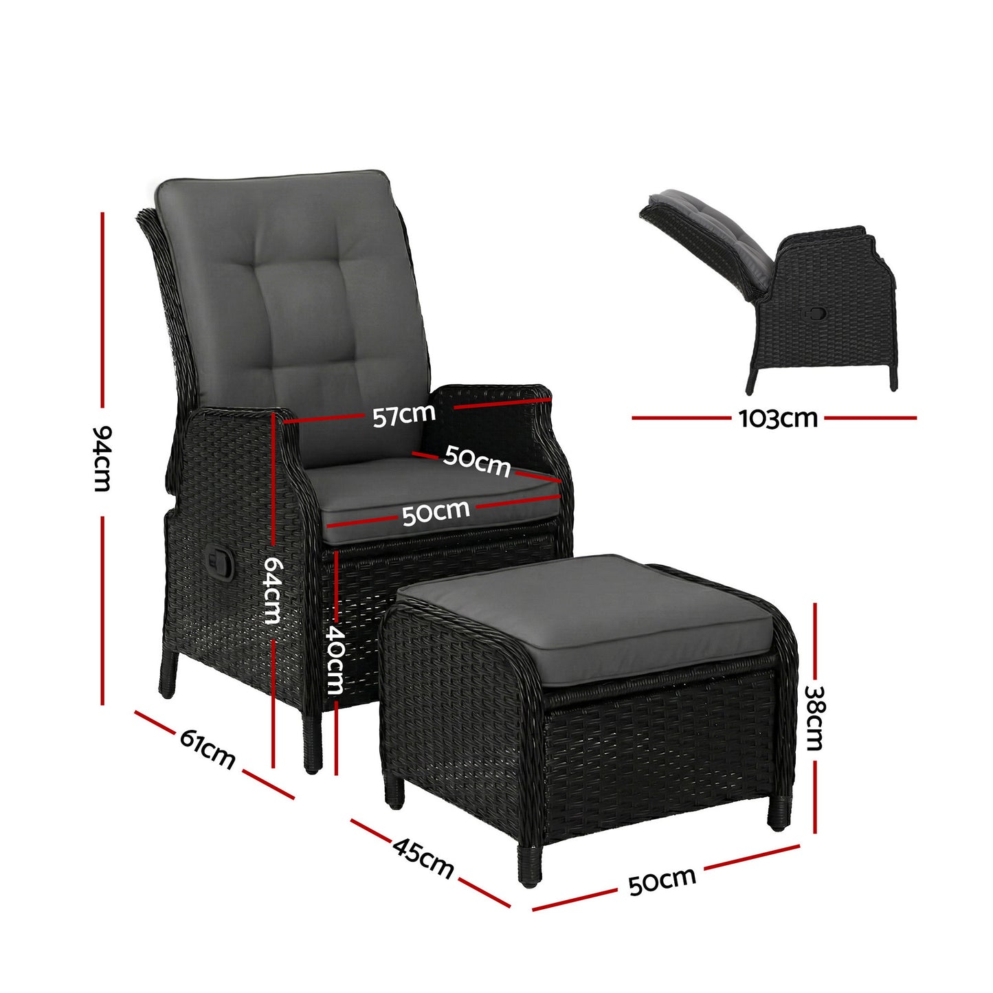 Gardeon black wicker outdoor recliner chair with matching ottoman, adjustable outdoor lounge furniture for relaxation.