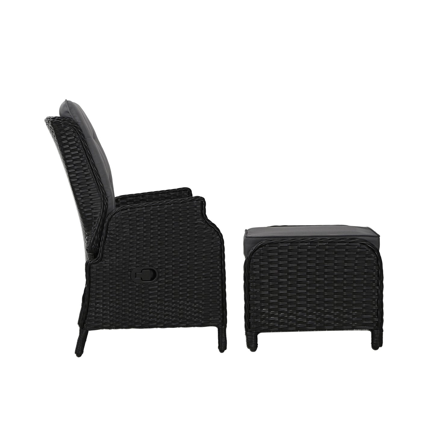 Gardeon black wicker outdoor recliner chair with matching ottoman, adjustable outdoor lounge furniture for relaxation.