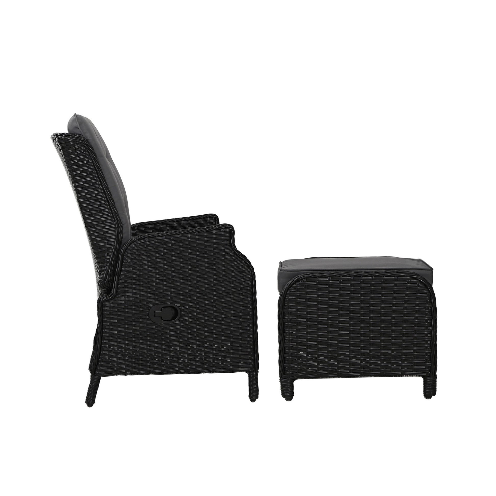 Gardeon black wicker outdoor recliner chair with matching ottoman, adjustable outdoor lounge furniture for relaxation.