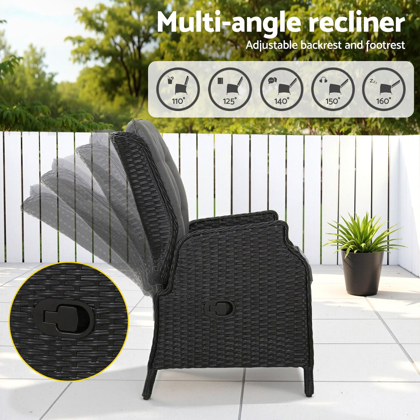 Gardeon black wicker outdoor recliner chair with matching ottoman, adjustable outdoor furniture for relaxing outside.