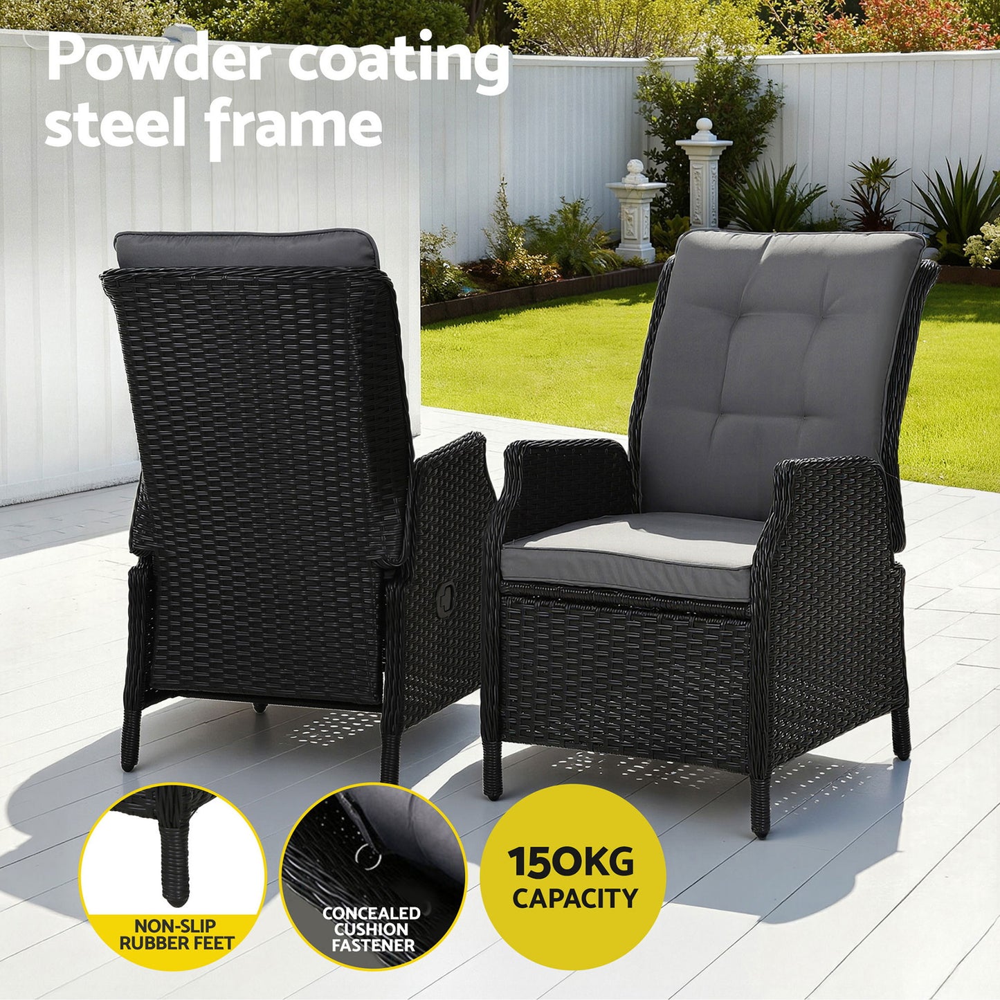 Gardeon black wicker outdoor recliner chair with adjustable backrest and matching ottoman for relaxing outdoor lounging.