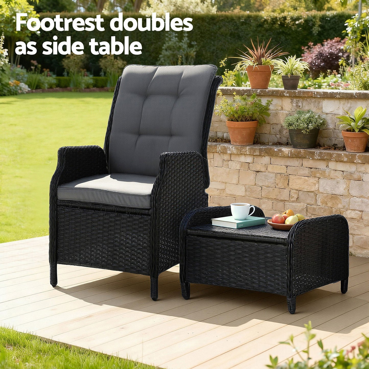 Gardeon black wicker outdoor recliner chair with matching ottoman, adjustable outdoor lounge furniture for patio or garden.
