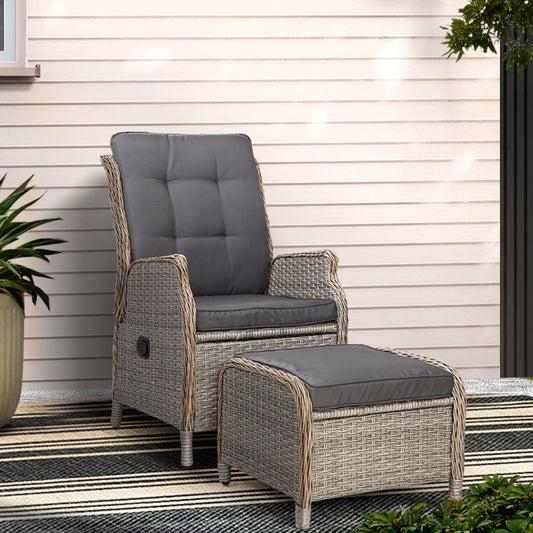 TWSC Recliner Chair Sun lounge Wicker Lounger Outdoor Furniture Patio Adjustable Grey