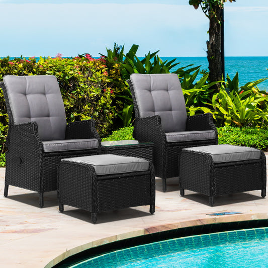 TWSC 5PC Recliner Chairs Table Sun lounge Wicker Outdoor Furniture Adjustable Black