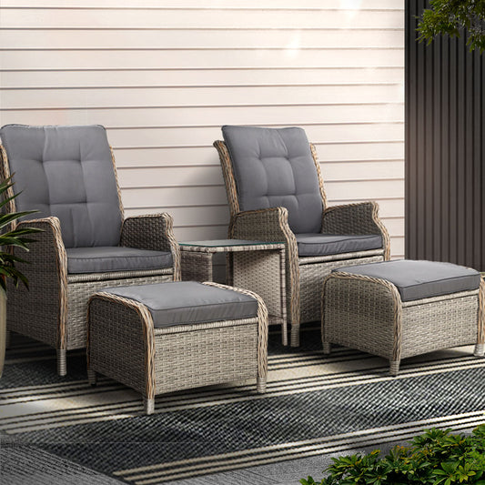 TWSC 5PC Recliner Chairs Table Sun lounge Wicker Outdoor Furniture Adjustable Grey