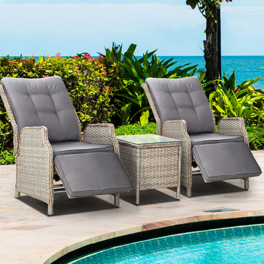 Gardeon wicker recliner set with adjustable outdoor chairs and glass table in grey, perfect for outdoor lounging and relaxation.