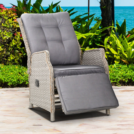 Gardeon grey adjustable wicker recliner chair for outdoor lounging, with cushioned seat and sturdy frame.