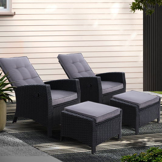 TWSC 2PC Recliner Chairs Sun lounge Wicker Lounger Outdoor Furniture Adjustable Black