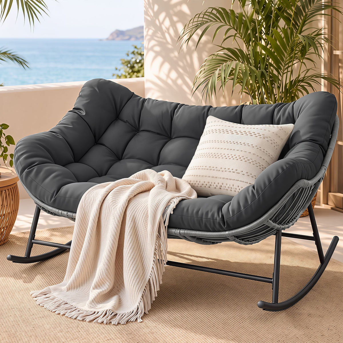 TWSC Outdoor Rocking Chair Loveseat Wicker 2 Seater Cushion Patio Furniture Grey