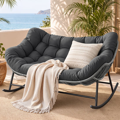 TWSC Outdoor Rocking Chair Loveseat Wicker 2 Seater Cushion Patio Furniture Grey