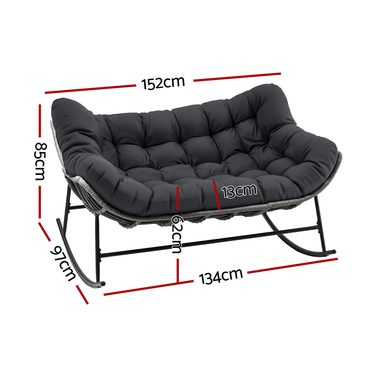 TWSC Outdoor Rocking Chair Loveseat Wicker 2 Seater Cushion Patio Furniture Grey