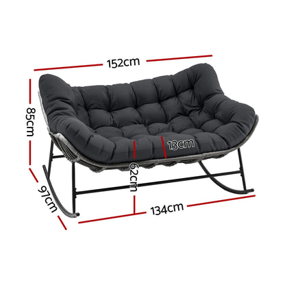 TWSC Outdoor Rocking Chair Loveseat Wicker 2 Seater Cushion Patio Furniture Grey