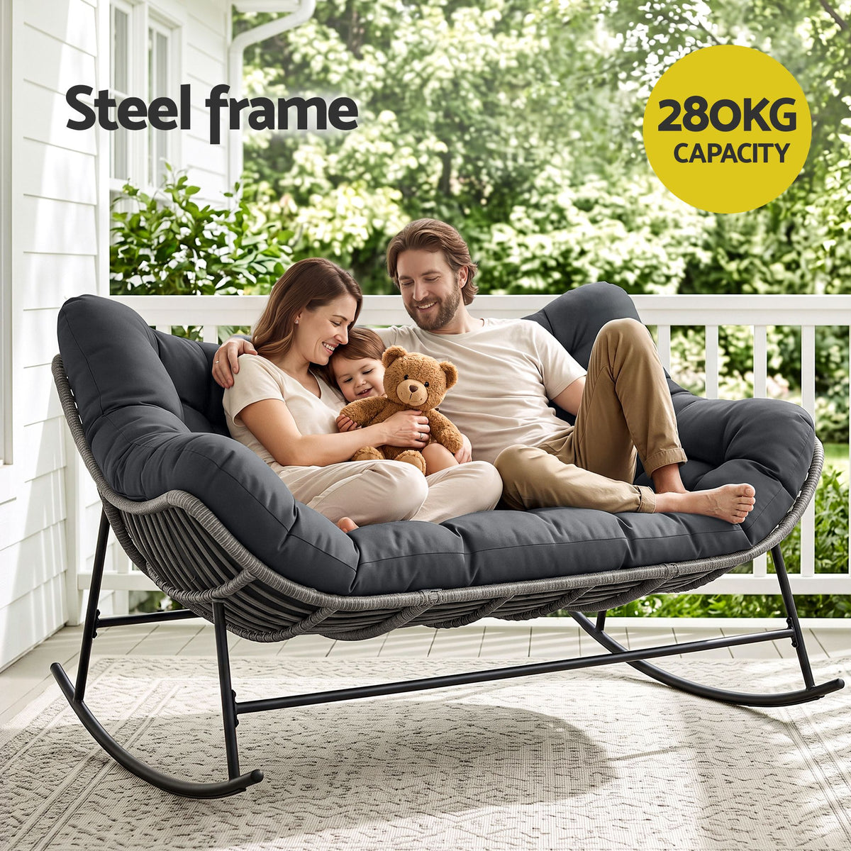 TWSC Outdoor Rocking Chair Loveseat Wicker 2 Seater Cushion Patio Furniture Grey