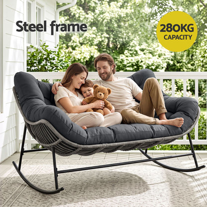 TWSC Outdoor Rocking Chair Loveseat Wicker 2 Seater Cushion Patio Furniture Grey