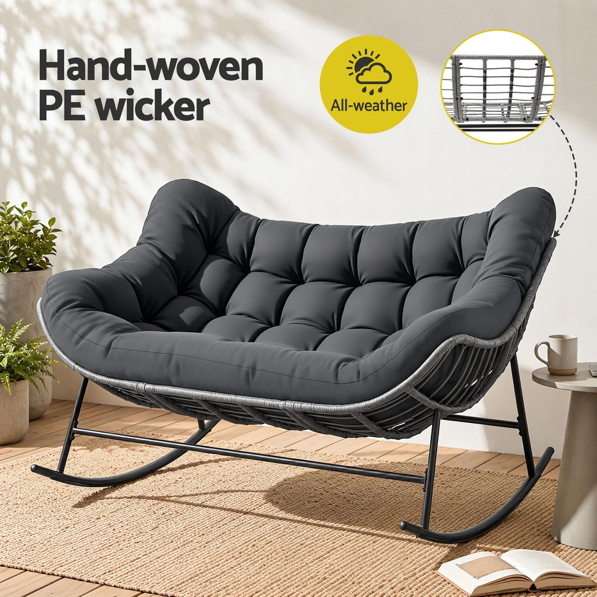 TWSC Outdoor Rocking Chair Loveseat Wicker 2 Seater Cushion Patio Furniture Grey