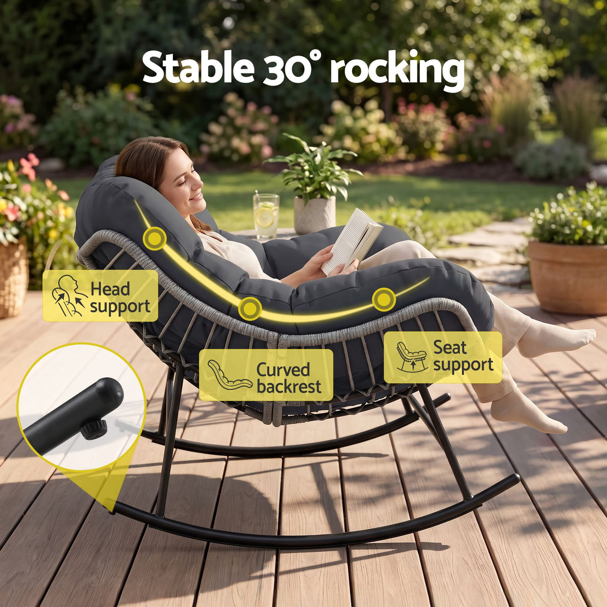 TWSC Outdoor Rocking Chair Loveseat Wicker 2 Seater Cushion Patio Furniture Grey