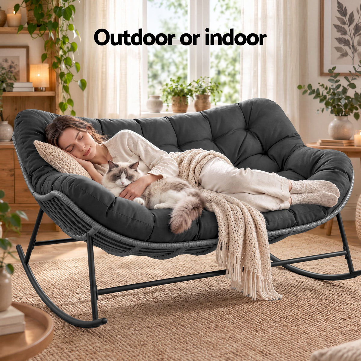 TWSC Outdoor Rocking Chair Loveseat Wicker 2 Seater Cushion Patio Furniture Grey