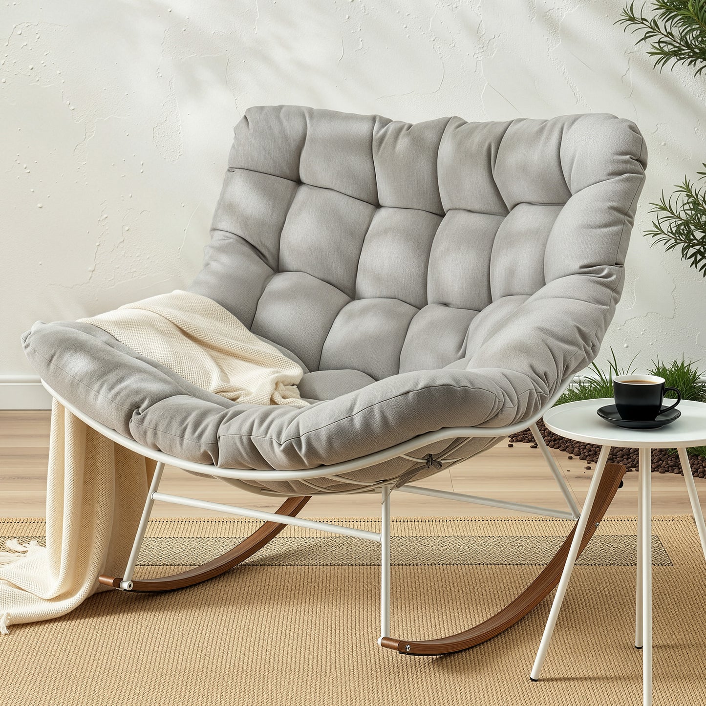 Outdoor Papasan Rocking Chair – White Steel Frame with Beige Cushion