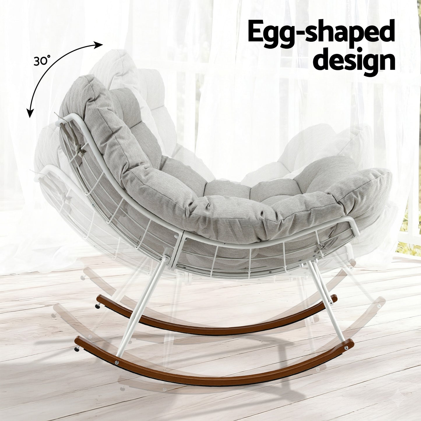 Outdoor Papasan Rocking Chair – White Steel Frame with Beige Cushion