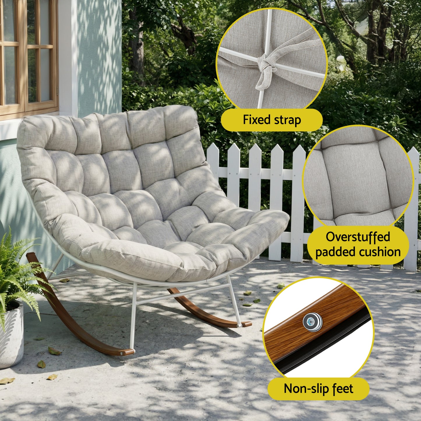 Outdoor Papasan Rocking Chair – White Steel Frame with Beige Cushion