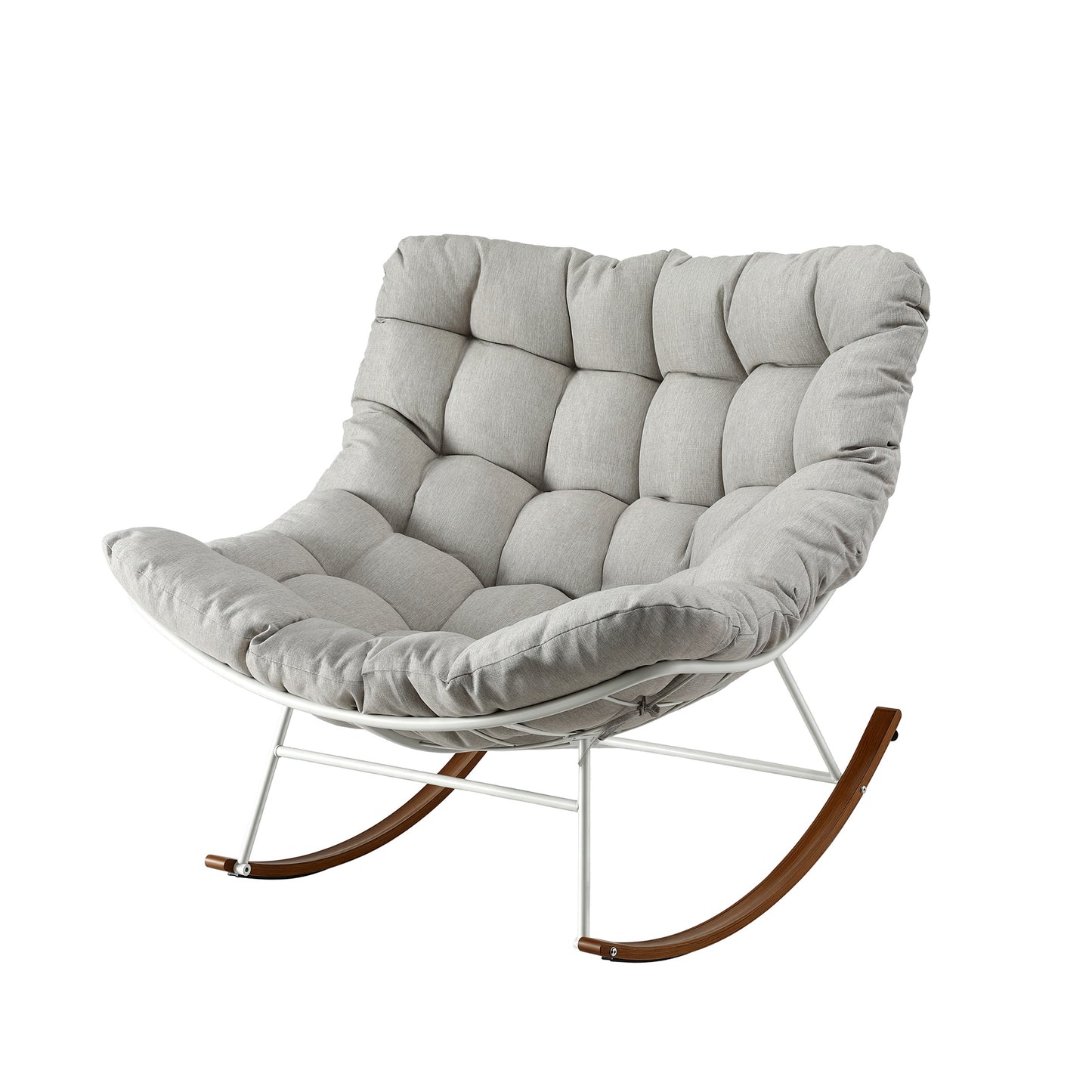 Outdoor Papasan Rocking Chair – White Steel Frame with Beige Cushion
