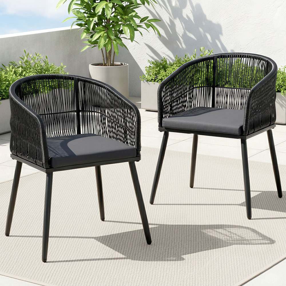 Outdoor Dining Chairs Set – Black Wicker, Steel Frame, Weather-Resistant