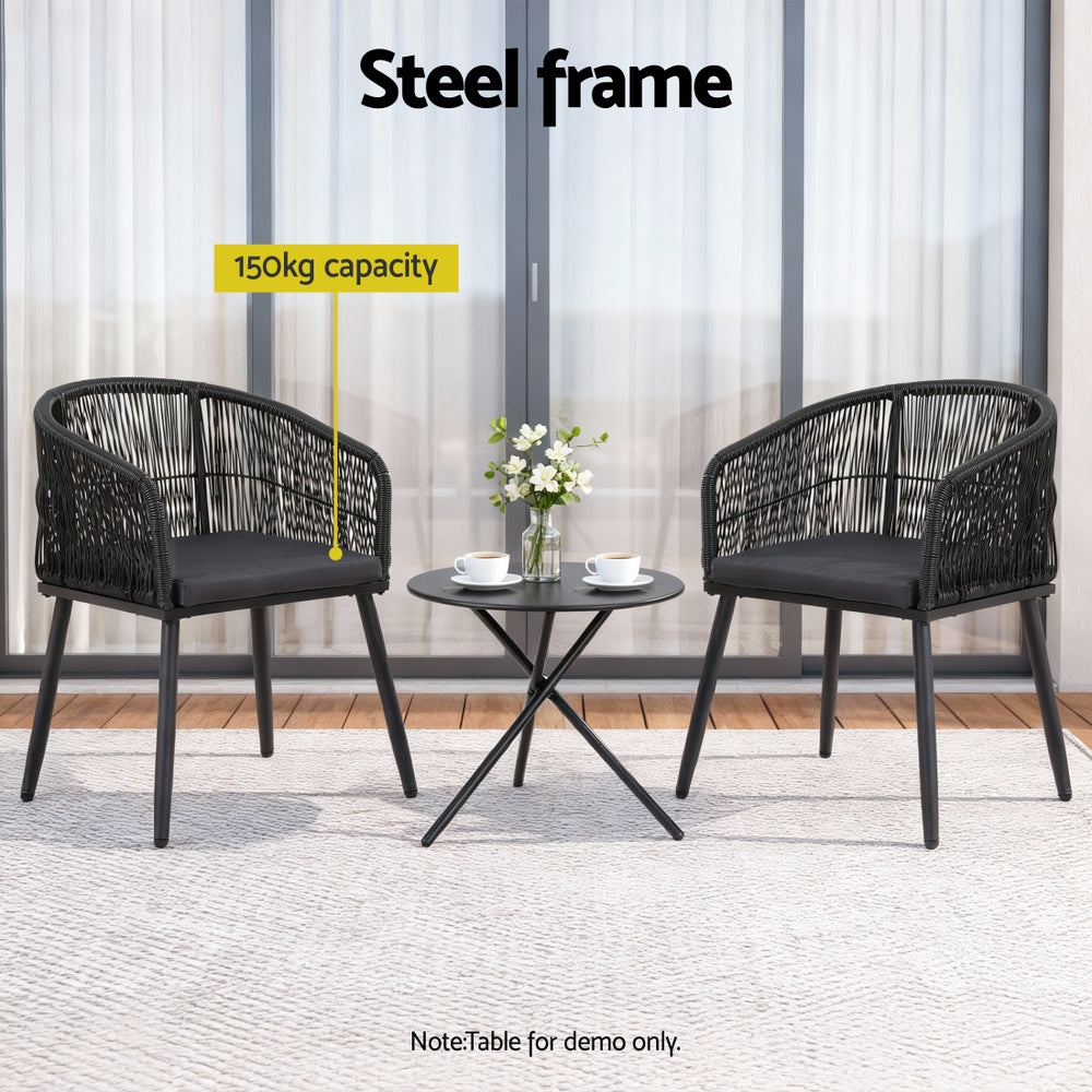 Outdoor Dining Chairs Set – Black Wicker, Steel Frame, Weather-Resistant