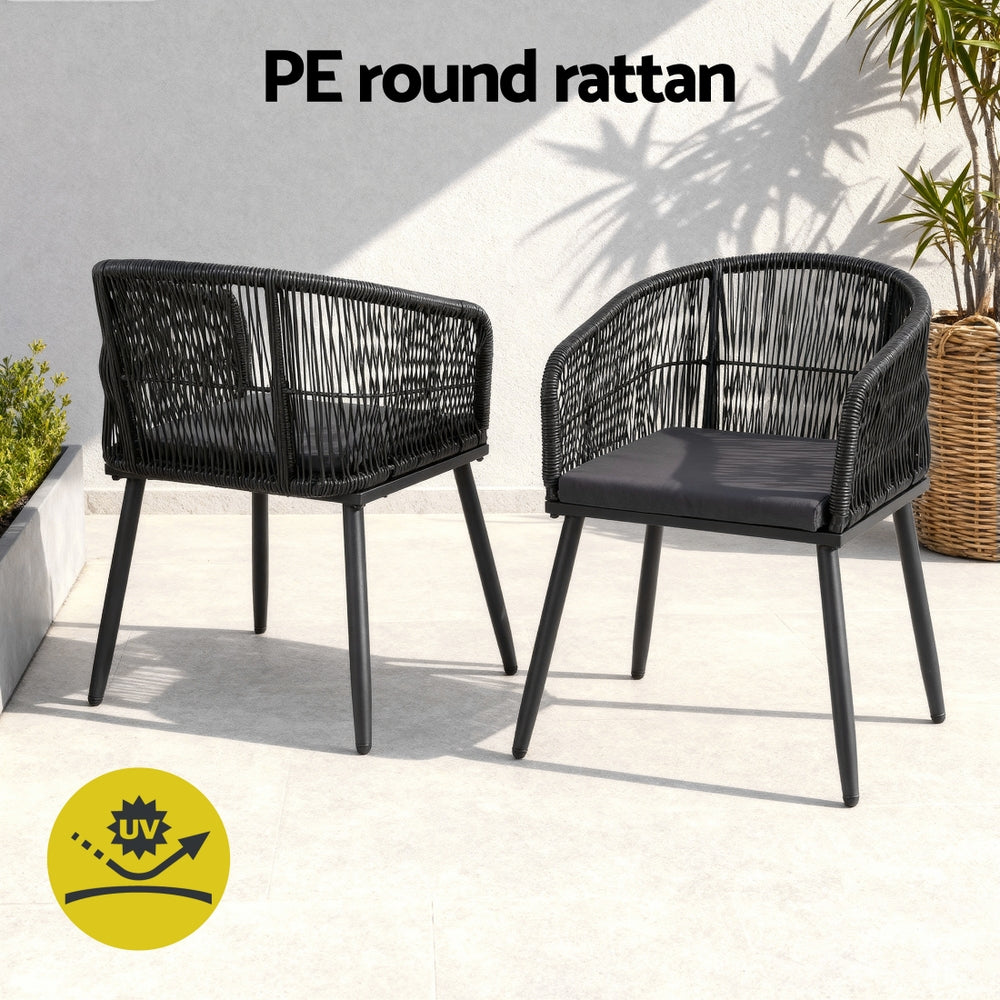 Outdoor Dining Chairs Set – Black Wicker, Steel Frame, Weather-Resistant