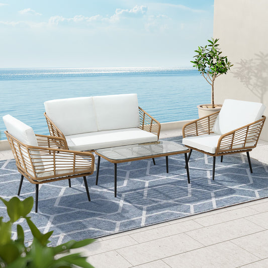 Gardeon 4-piece rattan outdoor sofa set with powder-coated steel frame and natural finish, featuring cushioned outdoor chairs and table.