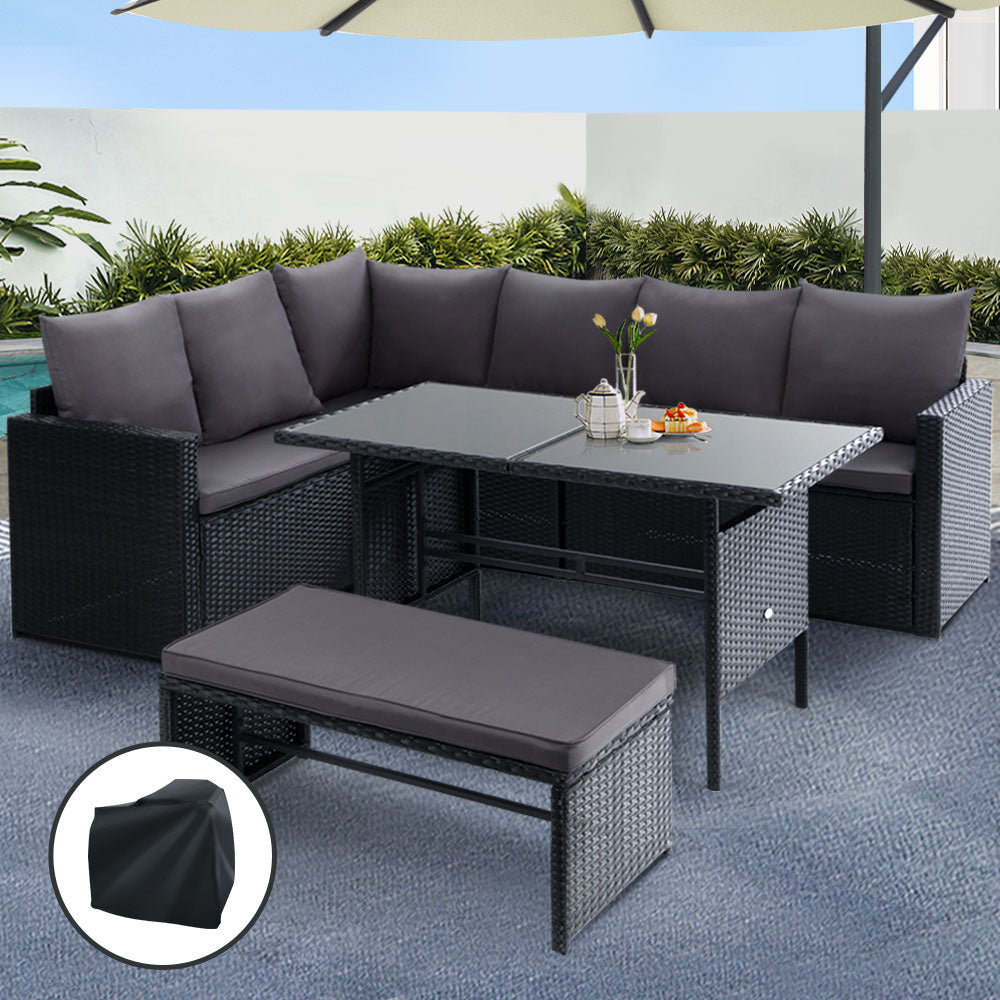 TWSC Outdoor Dining Set Sofa Lounge Setting Chairs Table Bench Black Cover