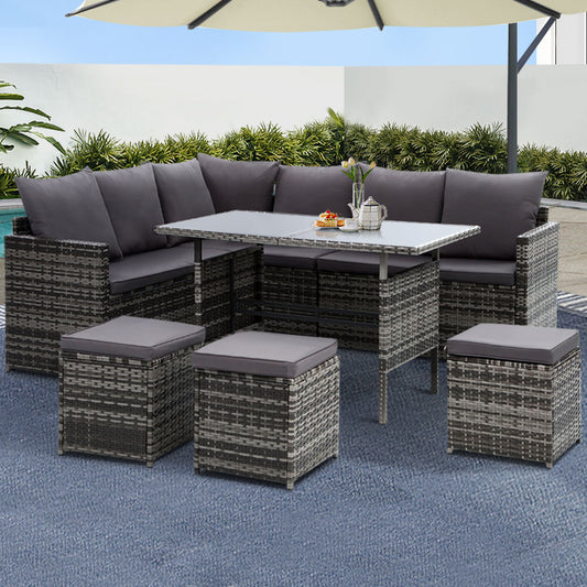 TWSC Outdoor Furniture Dining Setting Sofa Set Lounge Wicker 9 Seater Mixed Grey