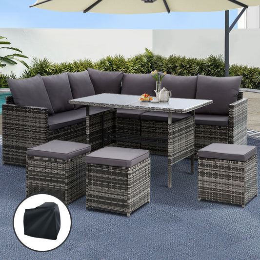TWSC Outdoor Dining Set Sofa Lounge Setting Chairs Table Ottoman Grey Cover