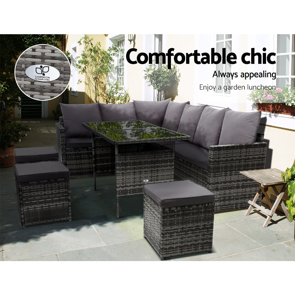 TWSC Outdoor Dining Set Sofa Lounge Setting Chairs Table Ottoman Grey Cover