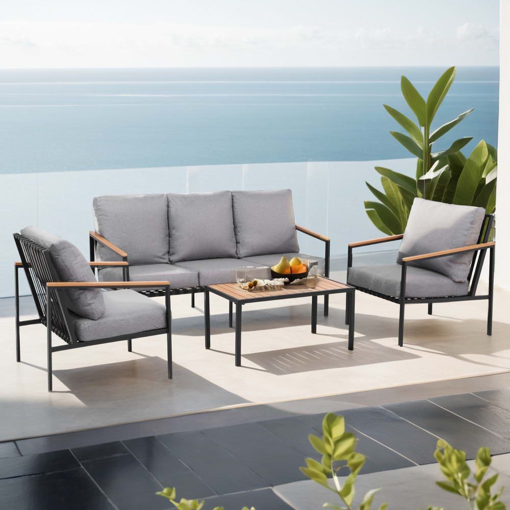 Outdoor 5-Seater Sofa Set – 4-Piece with Grey Cushions and Black Frame