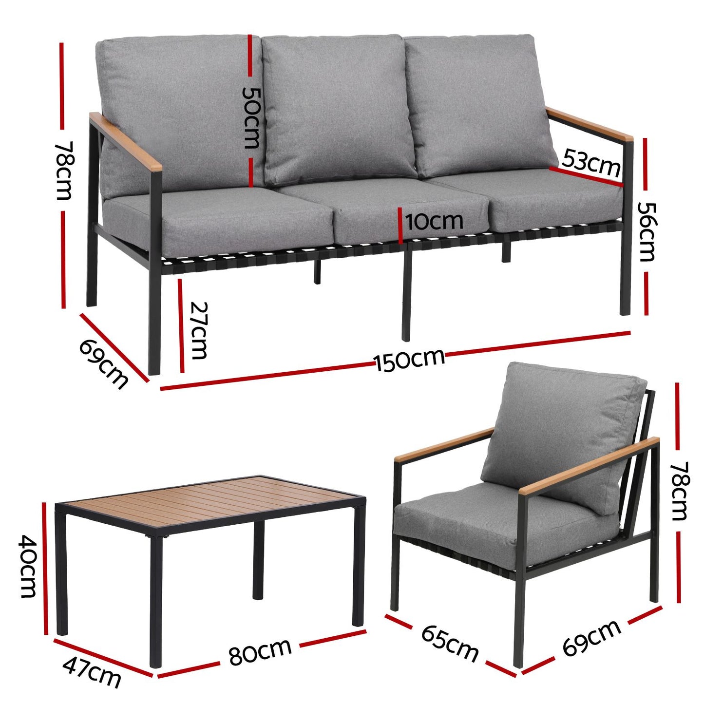 Outdoor 5-Seater Sofa Set – 4-Piece with Grey Cushions and Black Frame