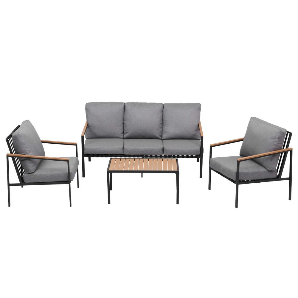 Outdoor 5-Seater Sofa Set – 4-Piece with Grey Cushions and Black Frame