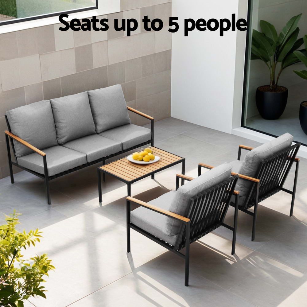 Outdoor 5-Seater Sofa Set – 4-Piece with Grey Cushions and Black Frame